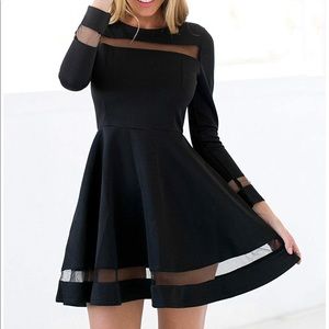 Black Mesh Long Sleeve Skater Dress